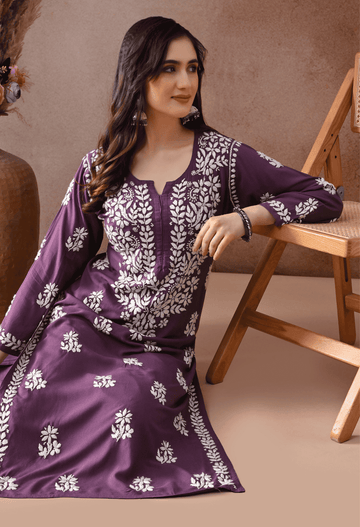 Plum Purple Hand Embroidered Chikankari Rayon Kurta Palazzo Set