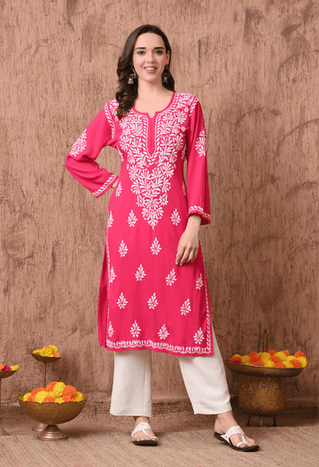 Women Pink Hand Embroidered Chikankari Rayon Straight Kurta