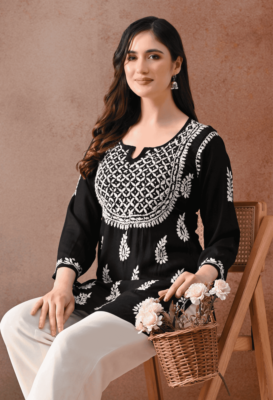 Black Hand-Embroidered Chikankari Rayon Short Kurta