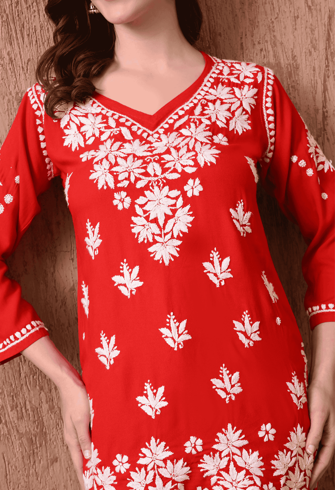 Red Elegant Hand-Embroidered Chikankari Floral Lucknowi Kurti