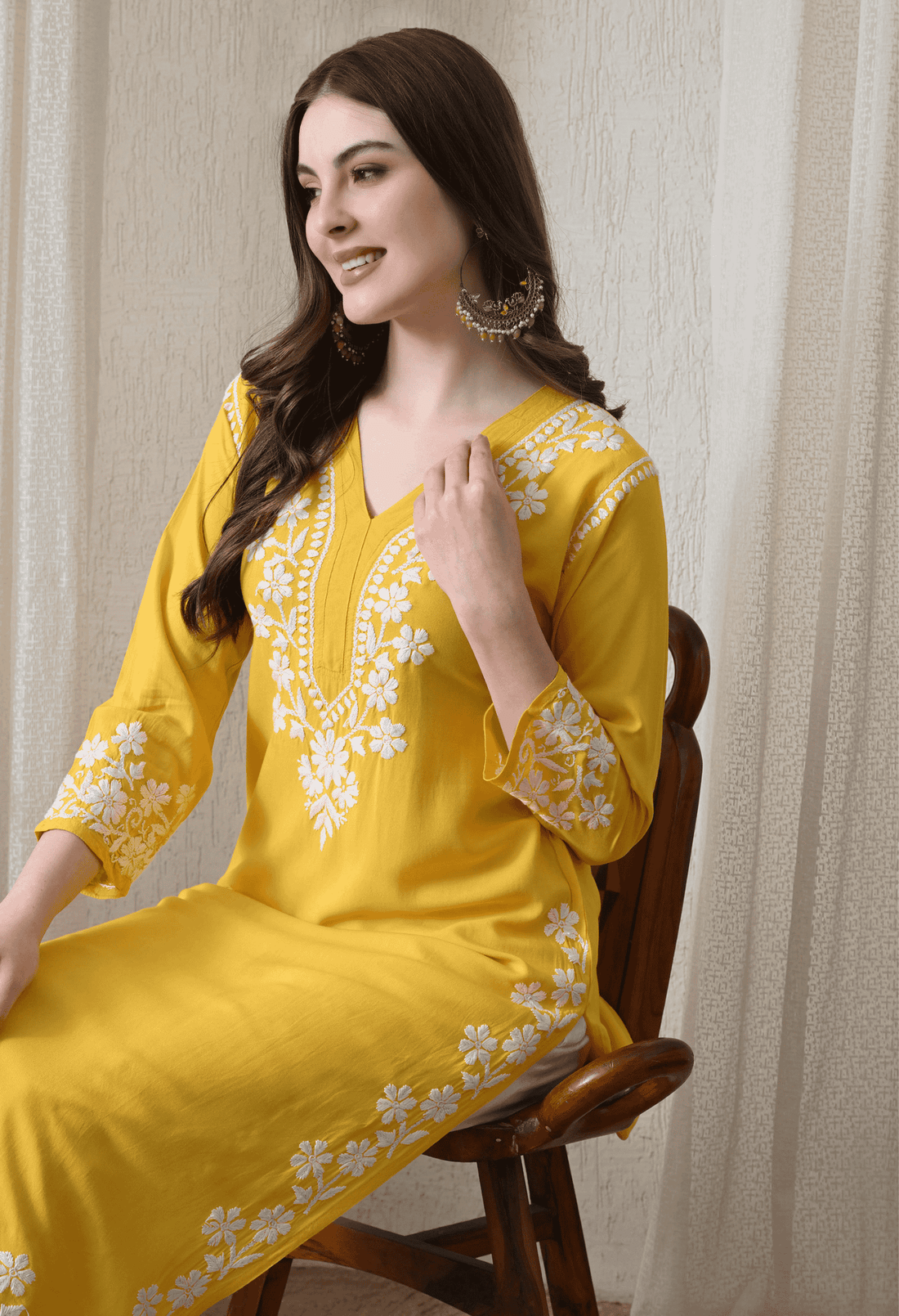 Yellow Hand-Embroidered Chikankari Rayon Straight Kurta