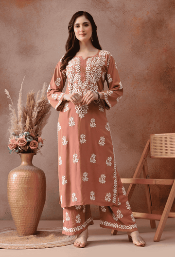 Peach Hand Embroidered Chikankari Rayon Kurta Palazzo Set