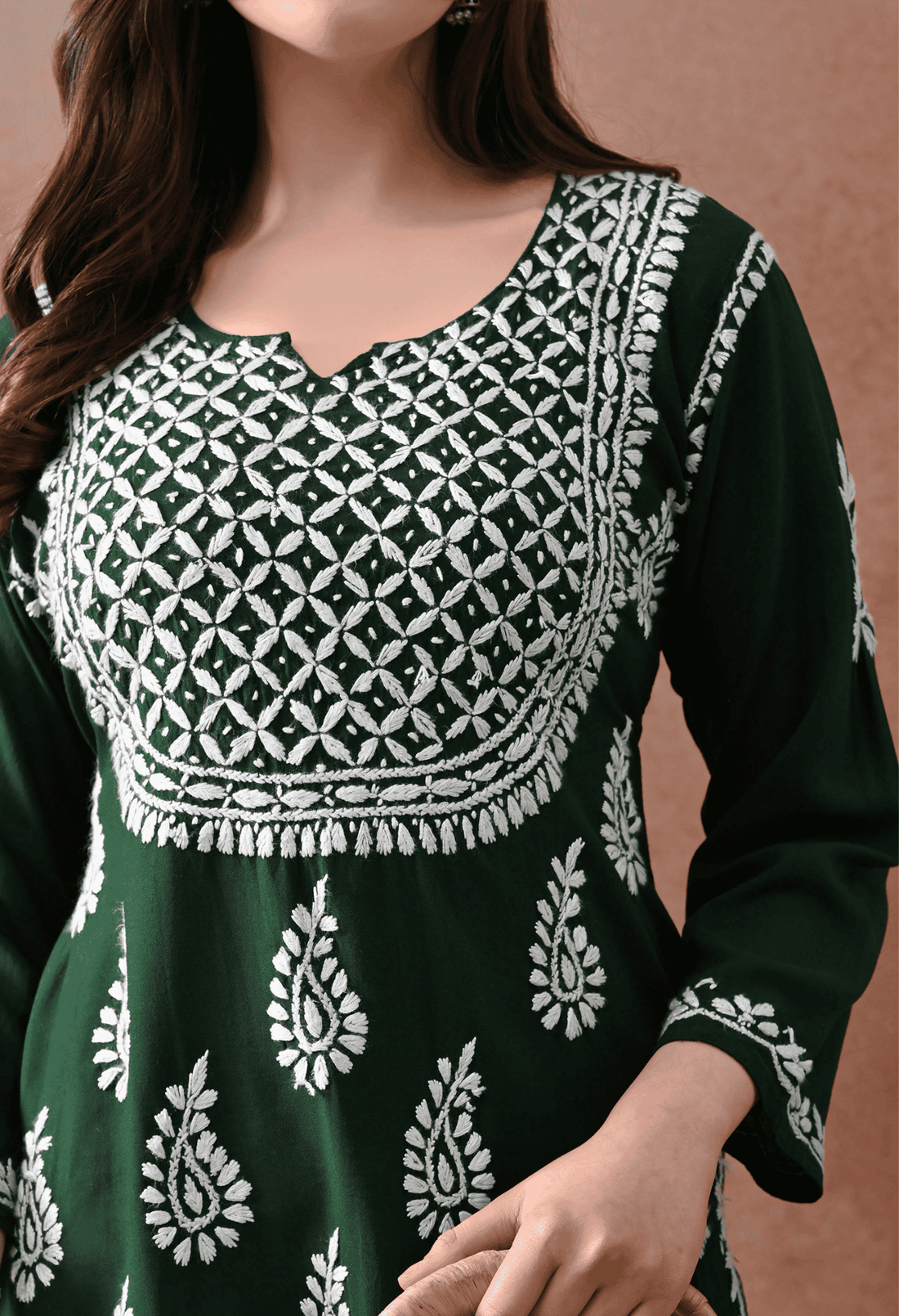 Green Hand-Embroidered Chikankari Rayon Short Kurta