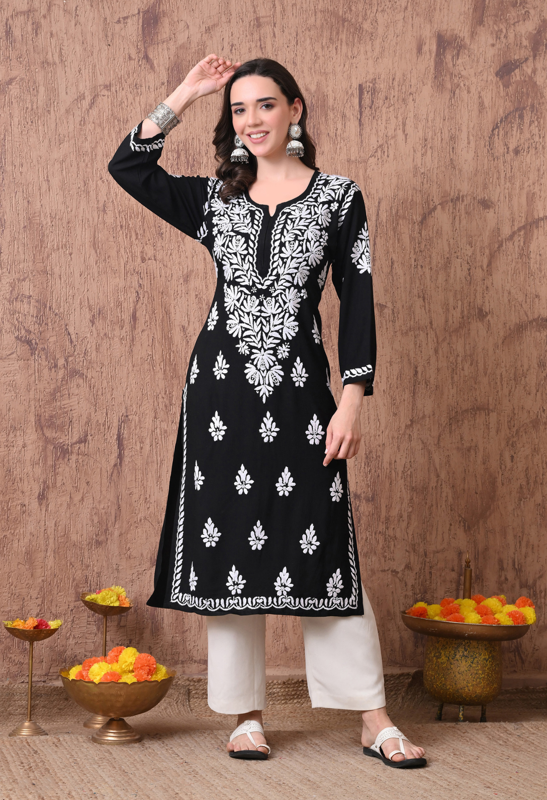 Black & White Hand Embroidered Chikankari Straight Kurta