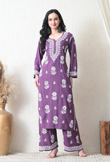 Mauve Purple Rayon Hand Embroidered Chikankari Kurta & PLazo Set with Floral Motifs