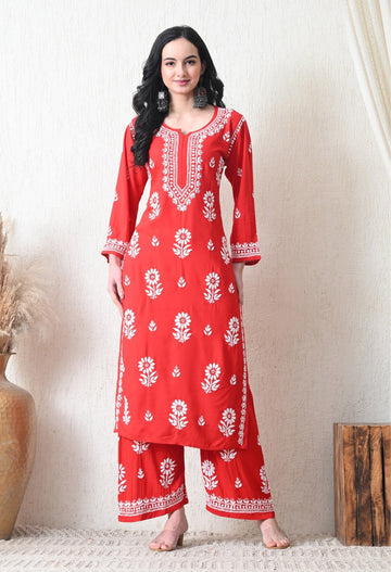 Red Rayon Hand Embroidered Chikankari Kurta & PLazo Set with Floral Motifs