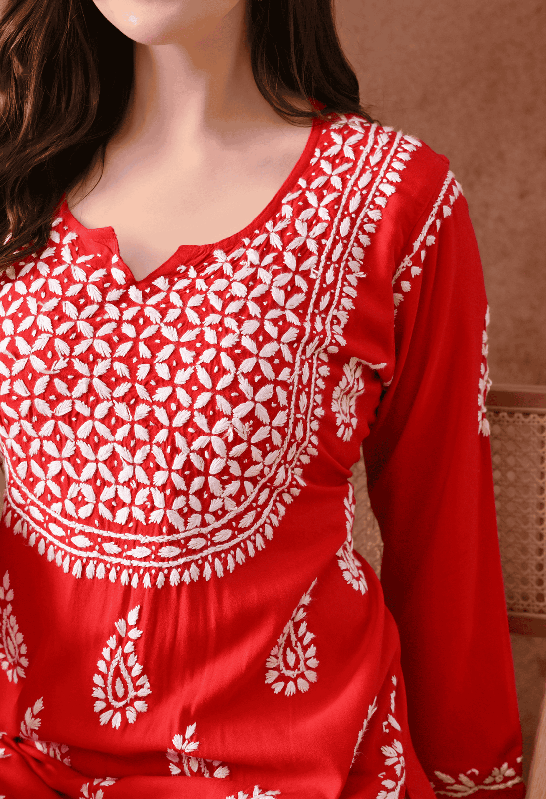 Red Hand-Embroidered Chikankari Rayon Short Kurta