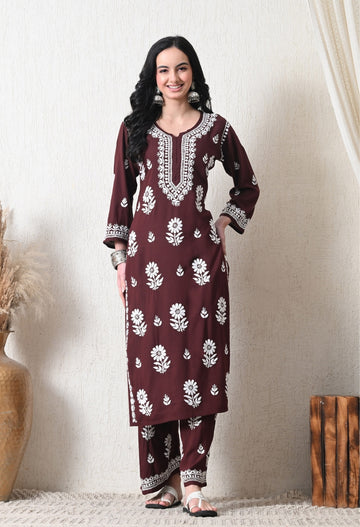 Brown Rayon Hand Embroidered Chikankari Kurta & PLazo Set with Floral Motifs