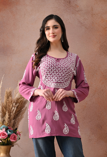 Onion Pink Hand-Embroidered Chikankari Rayon Short Kurta
