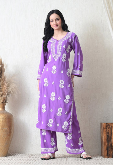Purple Rayon Hand Embroidered Chikankari Kurta & PLazo Set with Floral Motifs