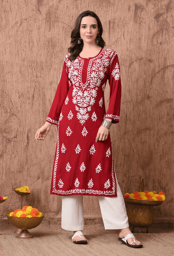 Women Maroon Hand Embroidered Chikankari Rayon Straight Kurta