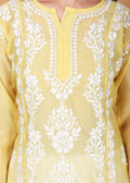 Women Handmade Lucknow Chikankari Chanderi Kurta-Yellow.