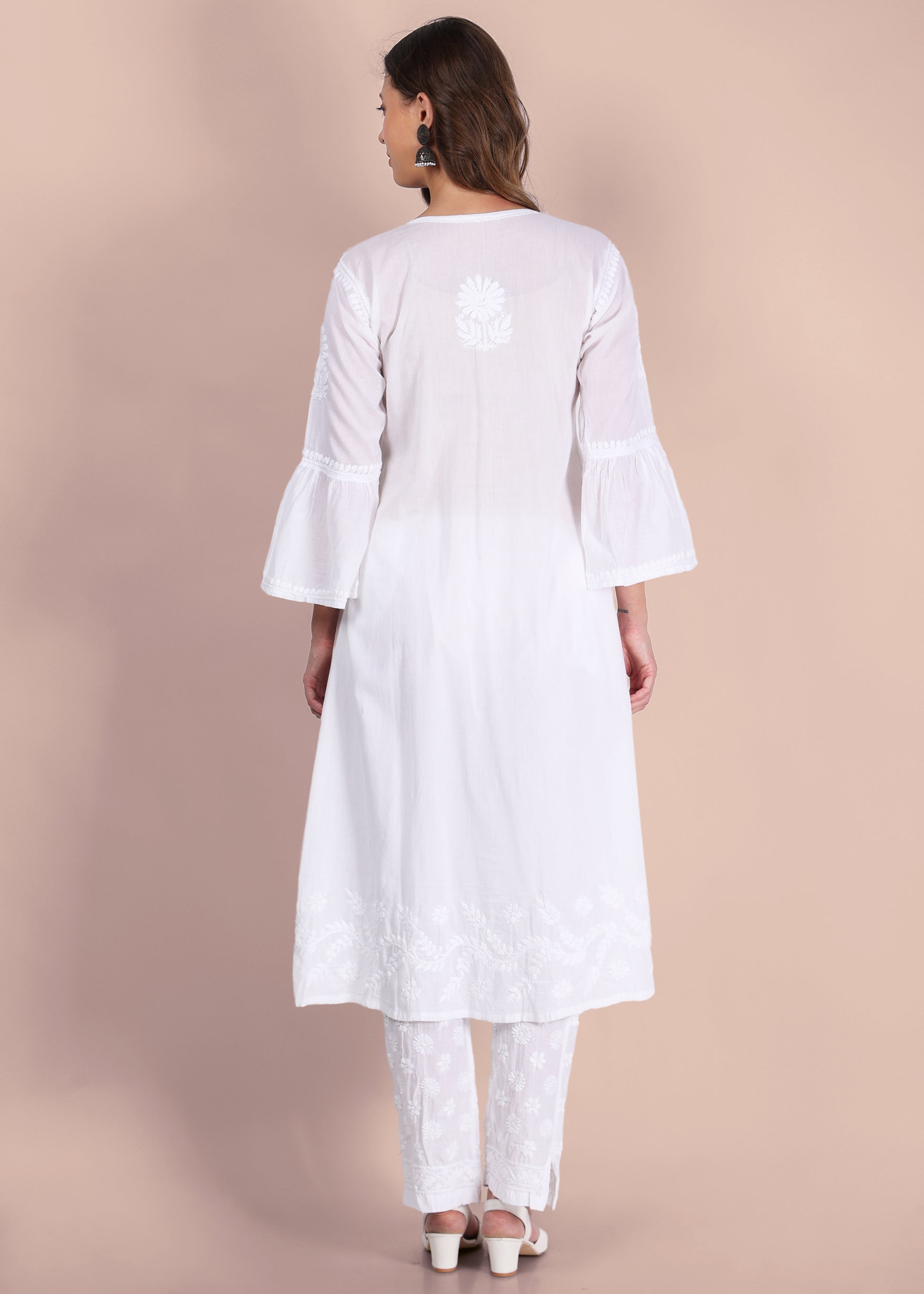 Grey Hand Embroided Lucknow Chikankari A-line Mulmul Kurta.