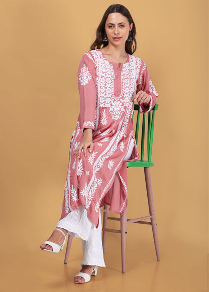 Pink Beautiful Lucknow Chikankari Ethnic Kurta -Modal Fabric.