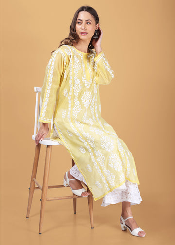 Women Handmade Lucknow Chikankari Chanderi Kurta-Yellow.