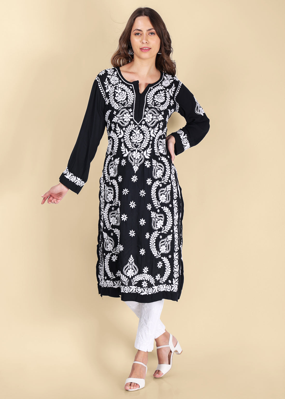 Handmade Lucknow Black Chikankari Straight Modal Kurta.