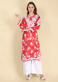 Muslin Hand Embroided Lucknow Chikankari Printed Straight Pink Kurta.