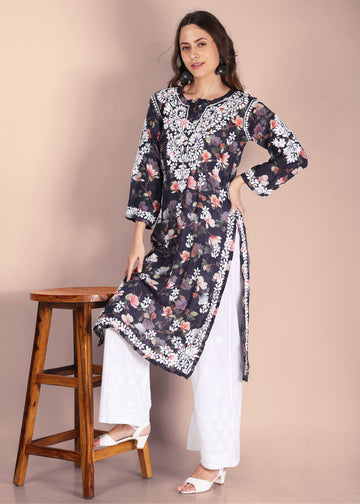 Muslin Hand Embroided Lucknow Chikankari Printed Straight Kurta.
