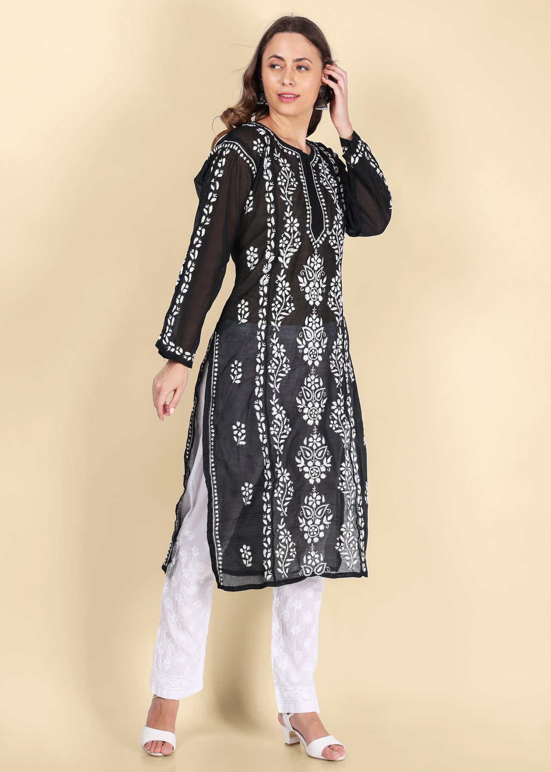 Women Handmade Lucknow Chikankari Chanderi Kurta - Black.