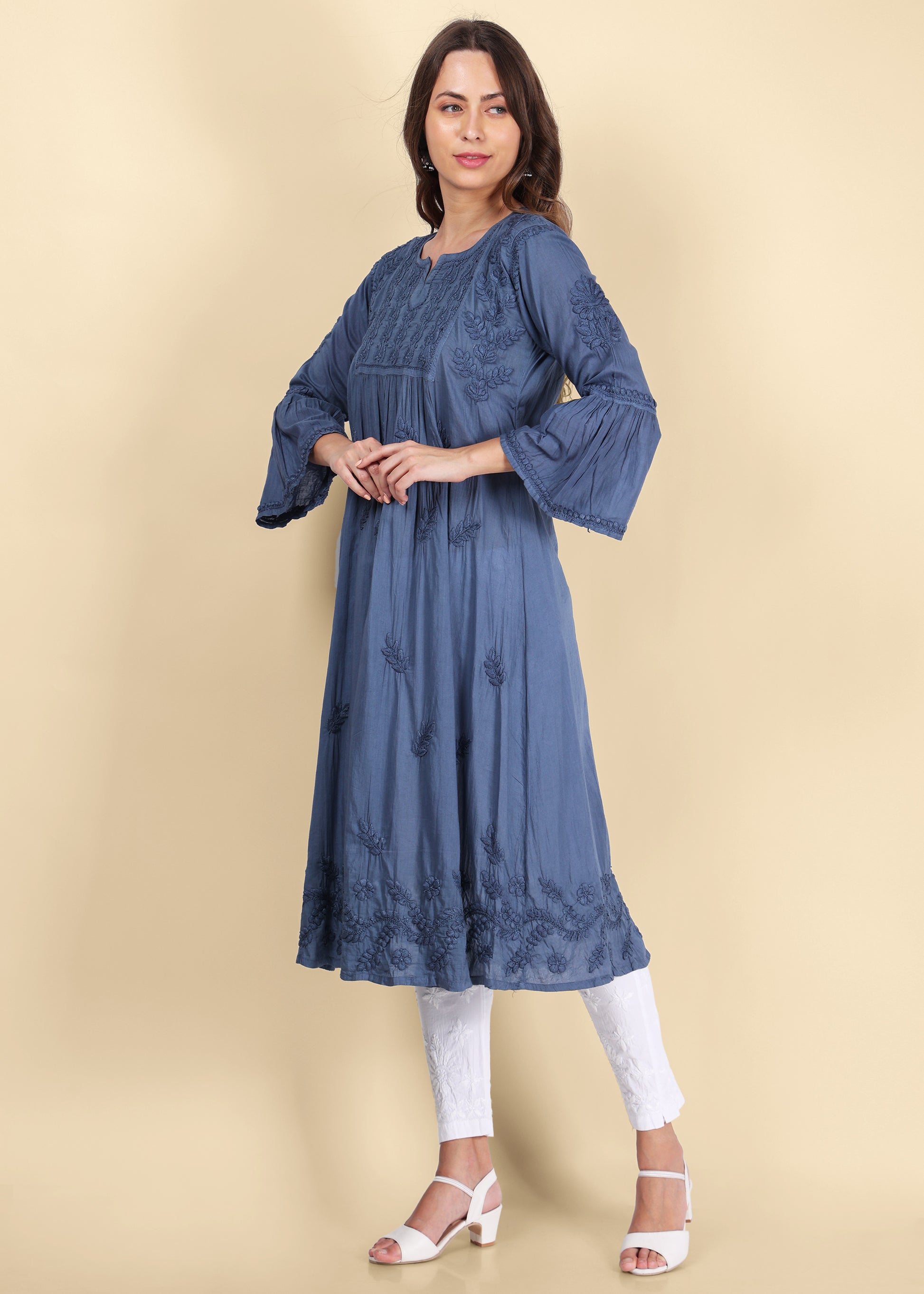 Grey Hand Embroided Lucknow Chikankari A-line Mulmul Kurta.