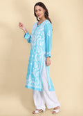 Handmade Lucknow Blue Chikankari Straight Modal Kurta.