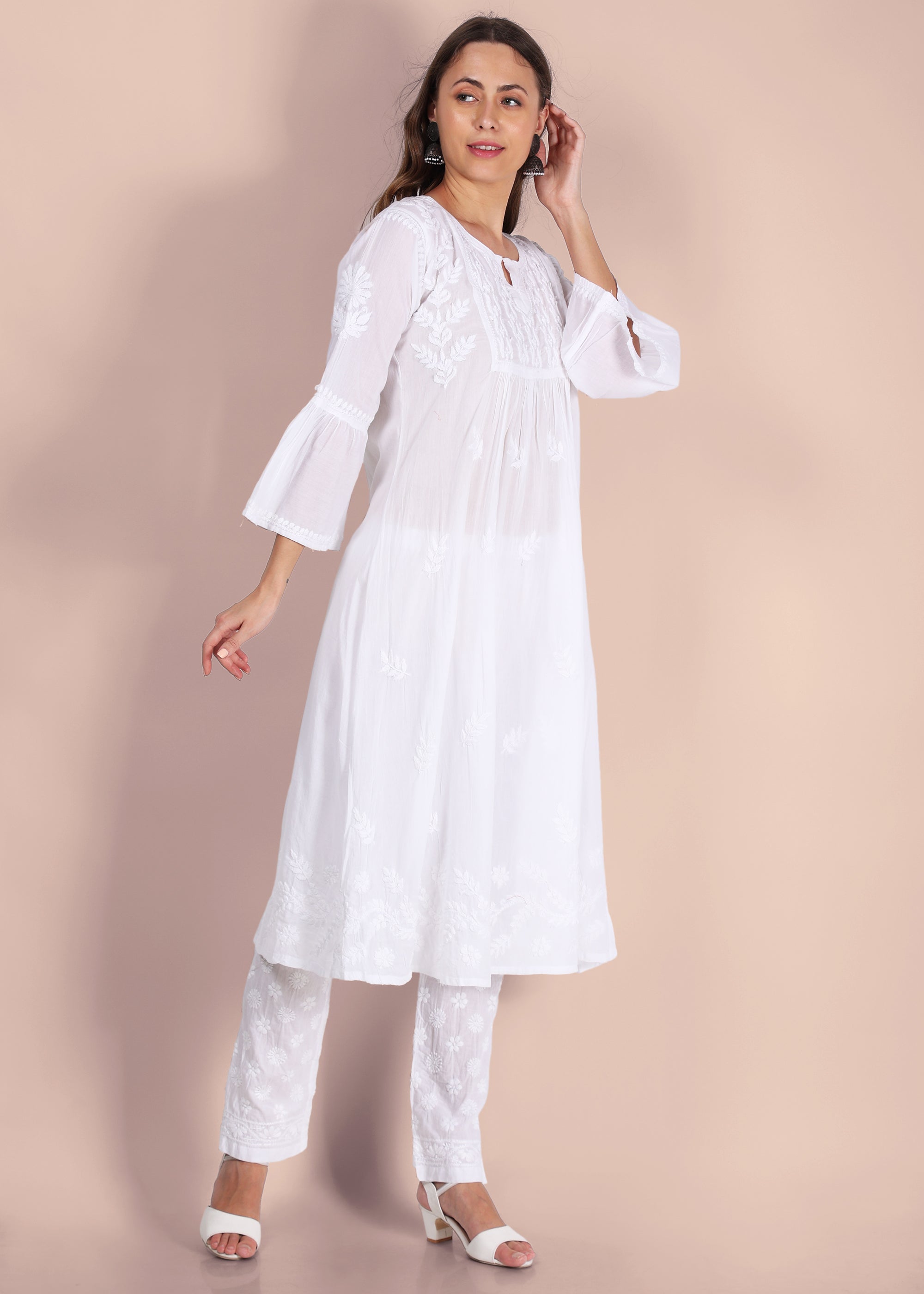 WHITE BY POONAM DESIGNER BRAND - PURE RAYON FRANT AND BACK FULL CHIKAN WORK  KURTI WITH HEAVY COTTON SLUB PANT AND PREMIUM QUALITY NAZNEEN DUPATTA WITH  PUM-PUM LACE - WHOLESALER AND DEALER