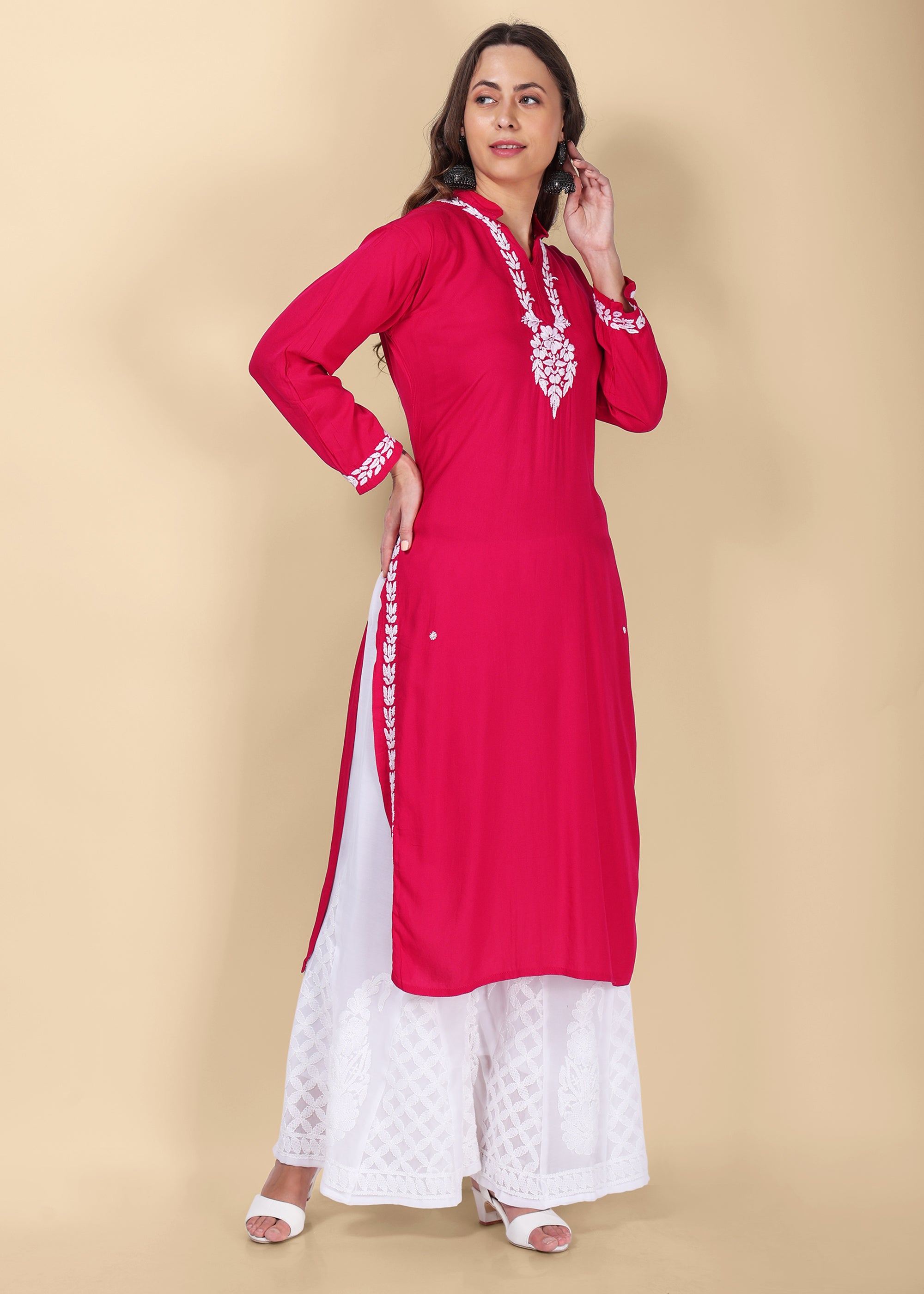 Buy Lavangi Women's Lucknow Chikankari Handicraft Jute Cotton Kurti  Trousers Set (Gajiri, X-Large) at Amazon.in