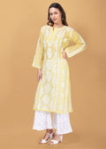 Women Handmade Lucknow Chikankari Chanderi Kurta-Yellow.