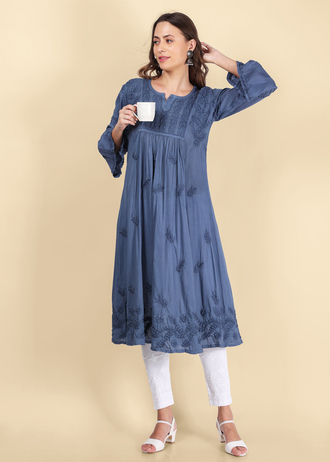 Grey Hand Embroided Lucknow Chikankari A-line Mulmul Kurta.