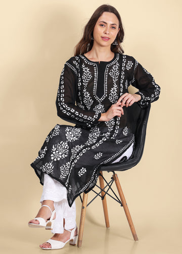 Women Handmade Lucknow Chikankari Chanderi Kurta - Black.
