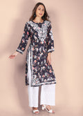 Muslin Hand Embroided Lucknow Chikankari Printed Straight Pink Kurta.