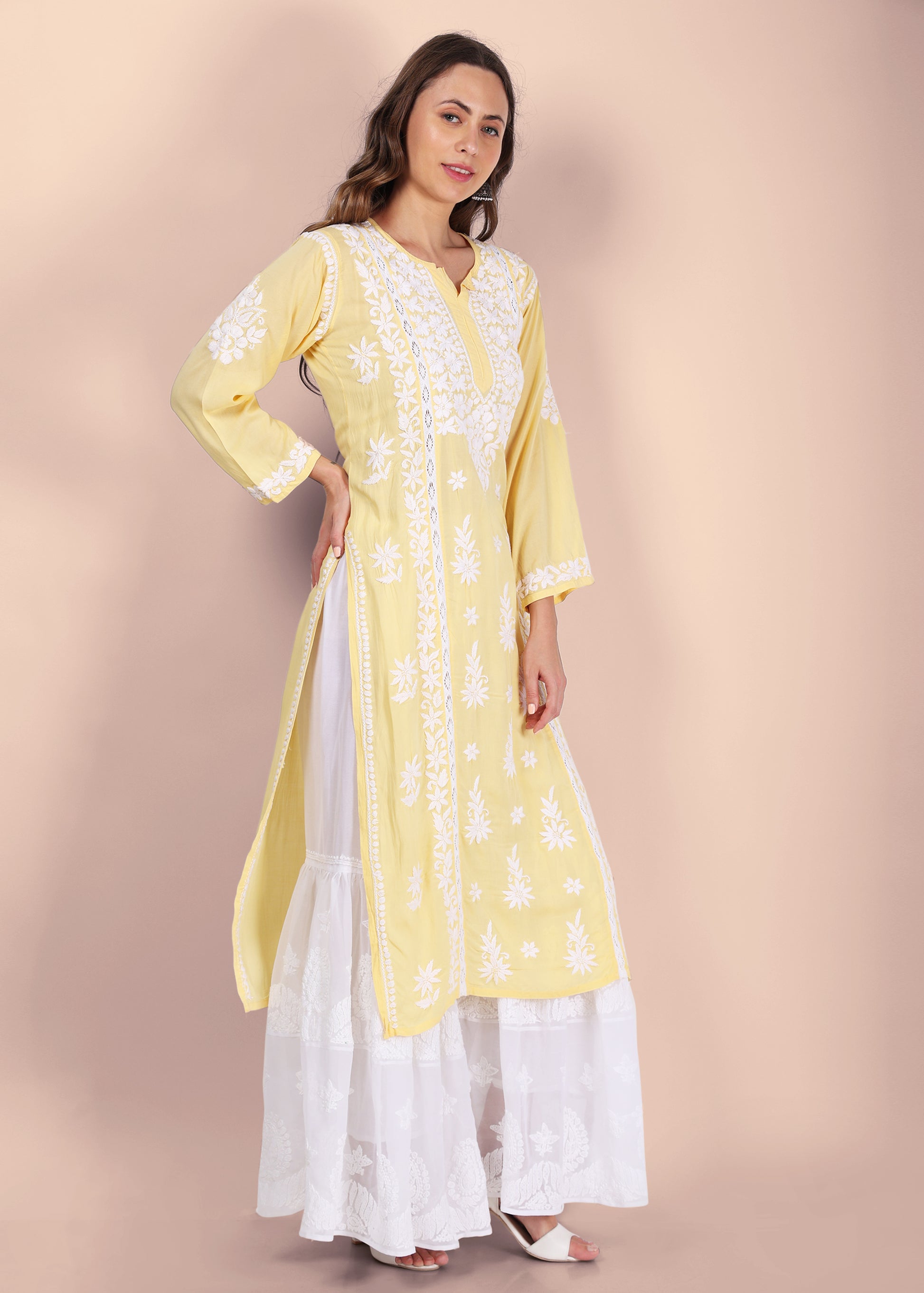 Yellow Beautiful Lucknow Chikankari Ethnic Kurta -Modal Fabric.