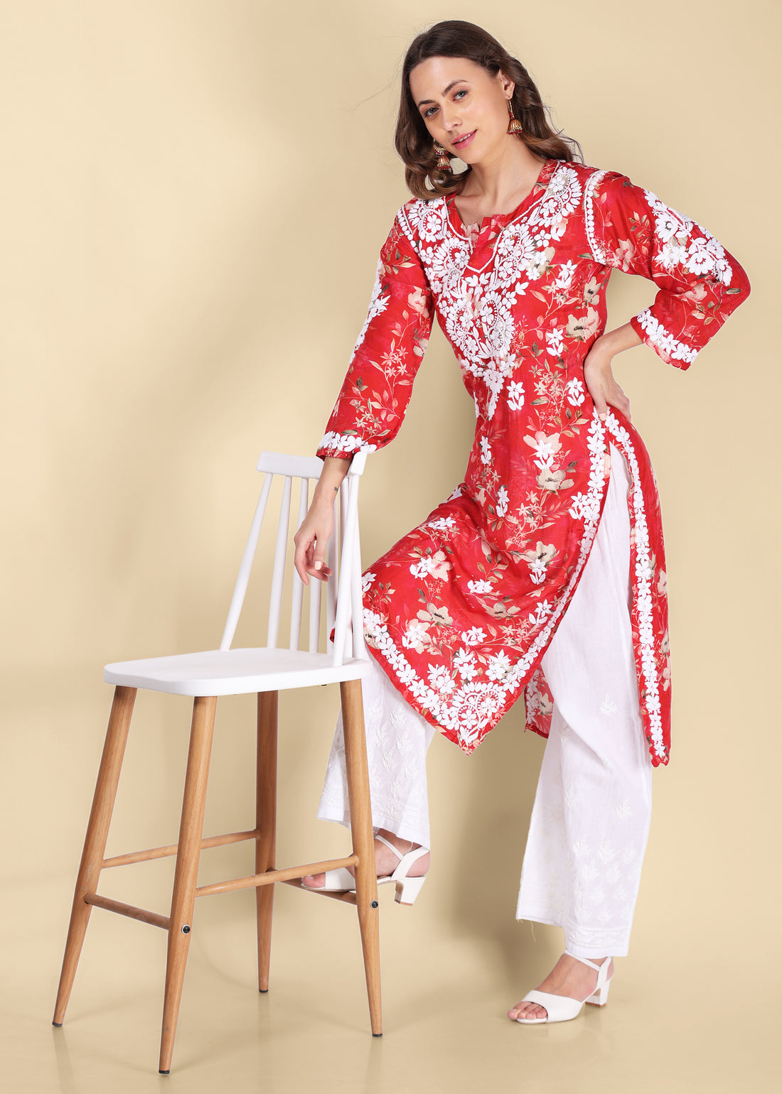 Muslin Hand Embroided Lucknow Chikankari Printed Straight Red Kurta.