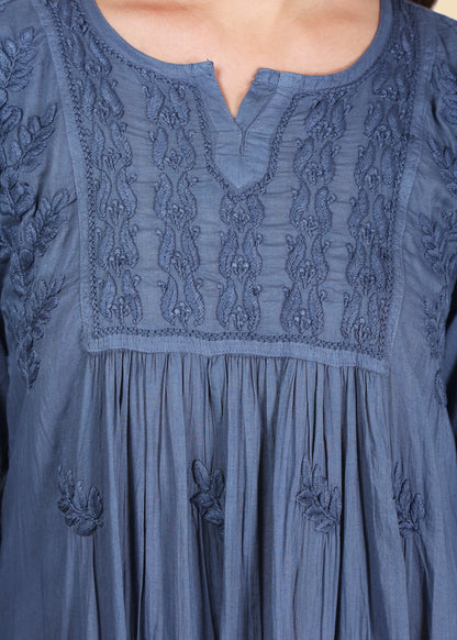 Grey Hand Embroided Lucknow Chikankari A-line Mulmul Kurta.