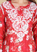 Muslin Hand Embroided Lucknow Chikankari Printed Straight Red Kurta.