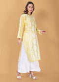 Women Handmade Lucknow Chikankari Chanderi Kurta-Yellow.